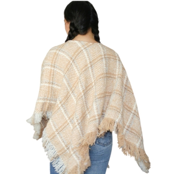 IRISH ALPACA Fringe Plaid Poncho Cape Sweater BOYNE VALLEY WEAVERS Tan Blue OS - Picture 2 of 10
